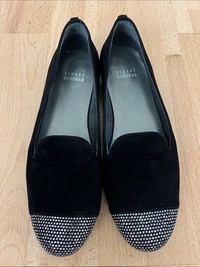Stuart Weitzman Black Suede Flats with Crystal-Stud Toe